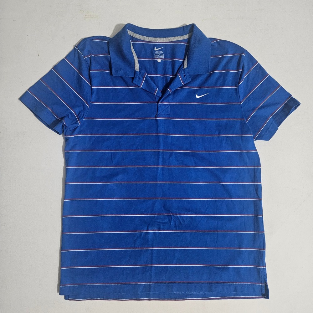 Nike Mens Blue Striped Short Sleeve Polo Shirt Large Swoosh Logo Casual Sport
